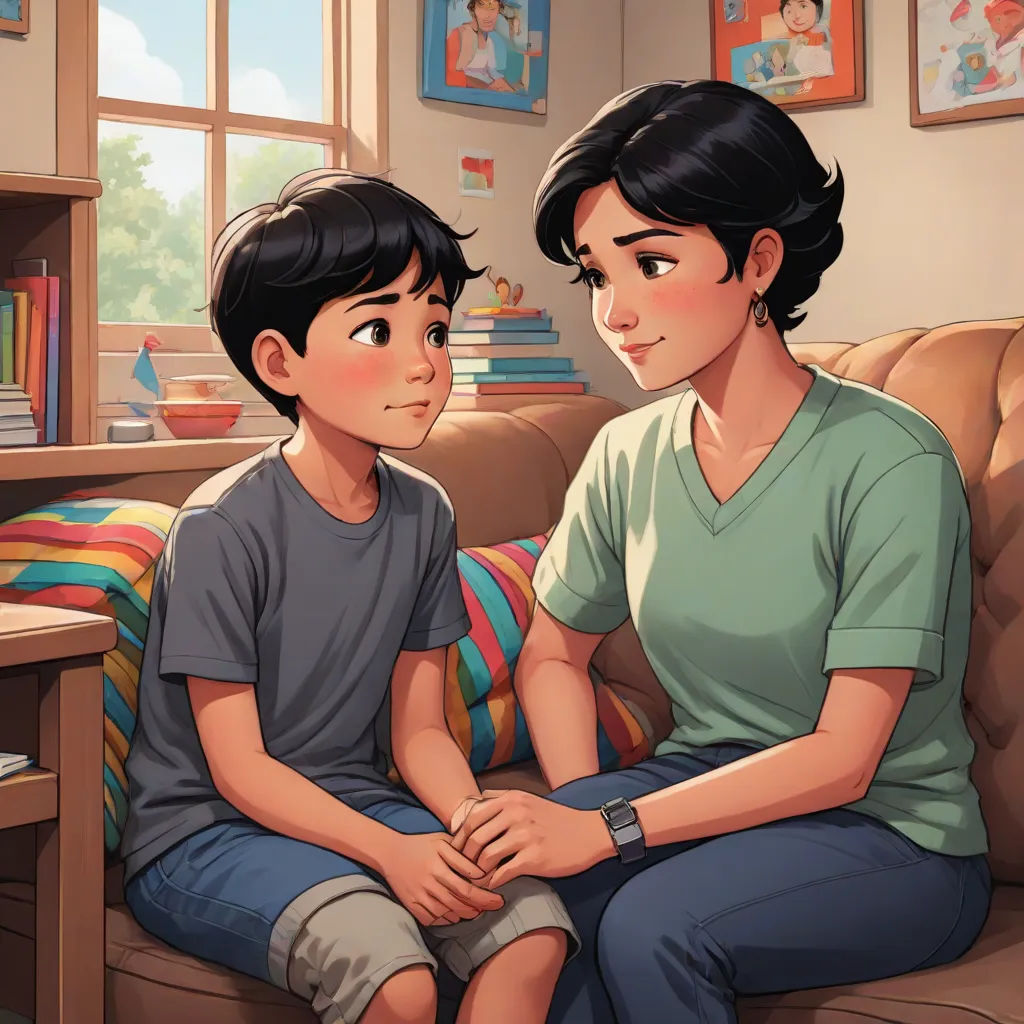 a boy and a girl sitting on a couch in a room with a bookcase and a window behind them, american scene painting, a storybook illustration, Aaron Jasinski, official art