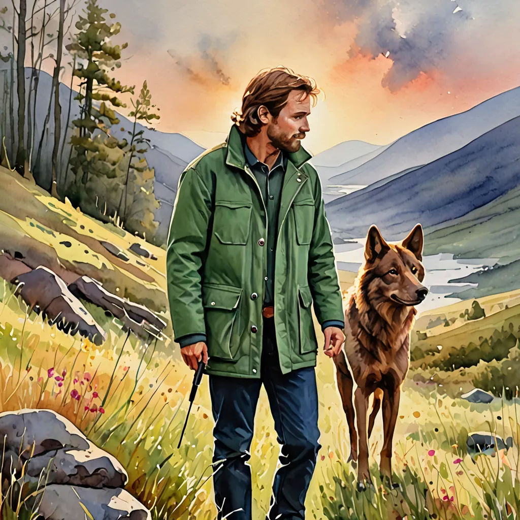 a painting of a man and his dog walking through a field with mountains in the background and a sunset, figurative art, a detailed painting, Colin Middleton, promotional image