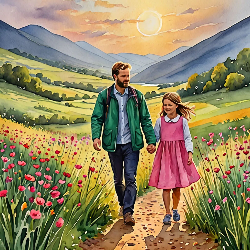 a painting of a man and a little girl walking down a path in a field of flowers with a sunset in the background, naive art, a storybook illustration, David Paton, comic cover art