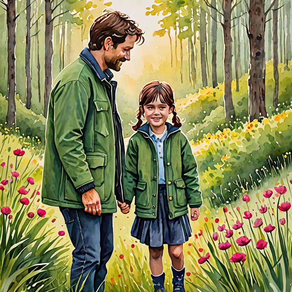 a painting of a man and a little girl walking through a forest with tulips in the foreground, figurative art, a storybook illustration, Colin Middleton, official art