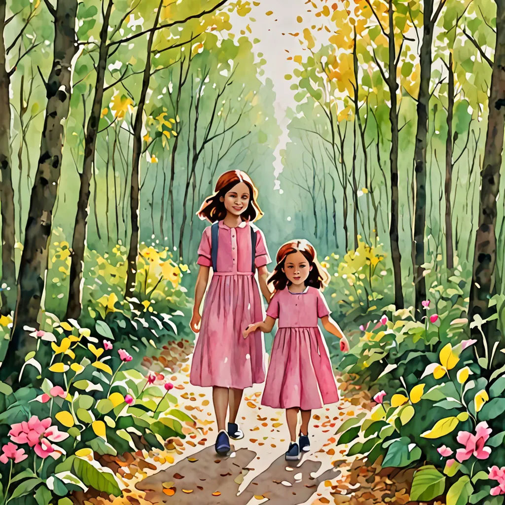 a painting of two girls walking down a path in the woods with flowers on either side of the path, figurative art, a storybook illustration, Brothers Hildebrandt, storybook illustration