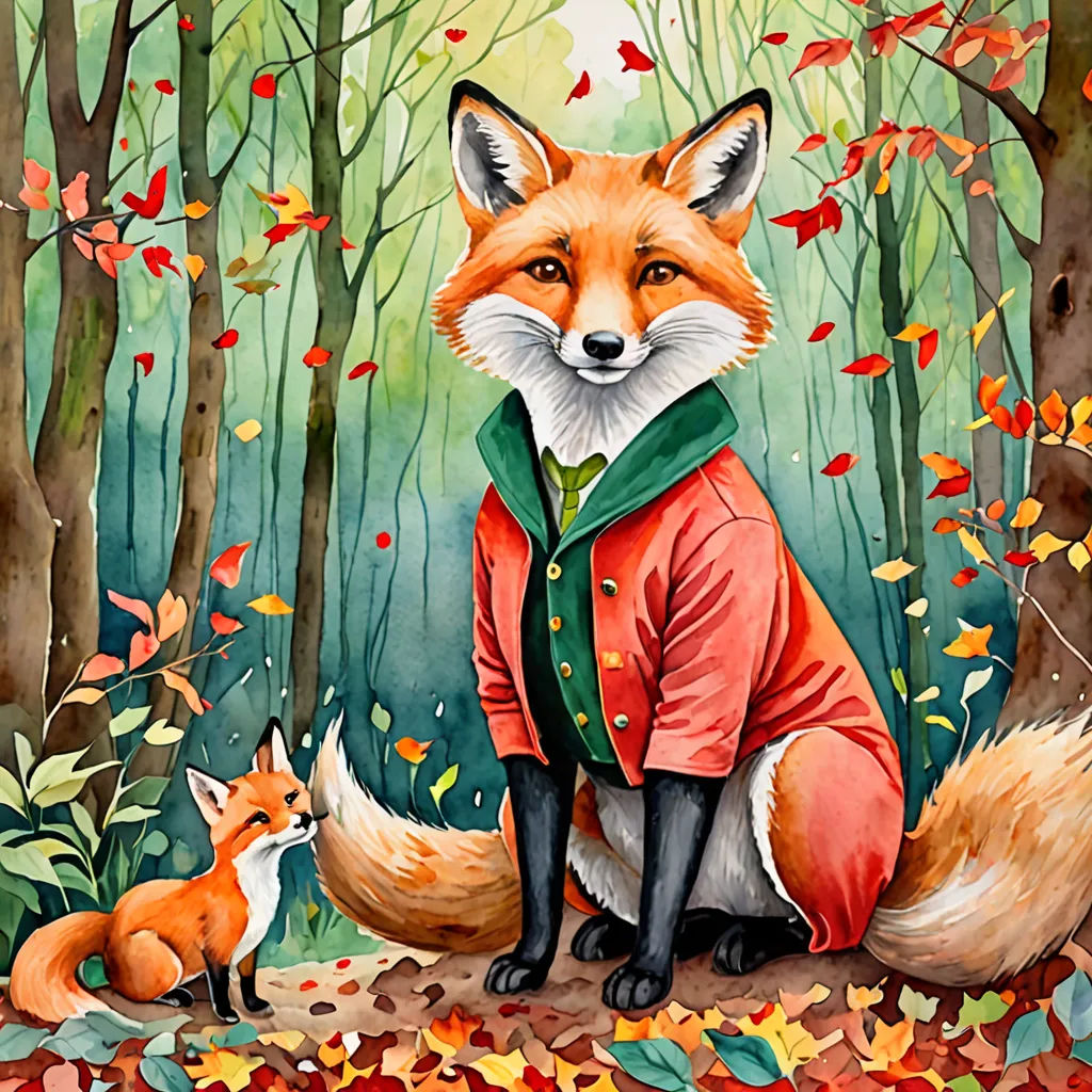 a painting of a fox and a fox cub in a forest with leaves on the ground and a full moon in the sky, furry art, a watercolor painting, Aaron Jasinski, in gouache detailed paintings