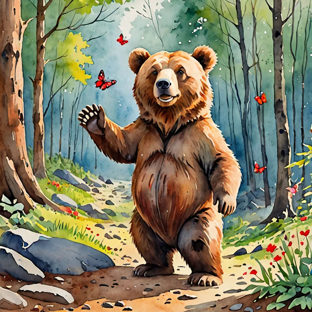 a bear is standing in the woods with a butterfly in its hand and a butterfly in its hand is flying, furry art, a storybook illustration, Chris LaBrooy, official art
