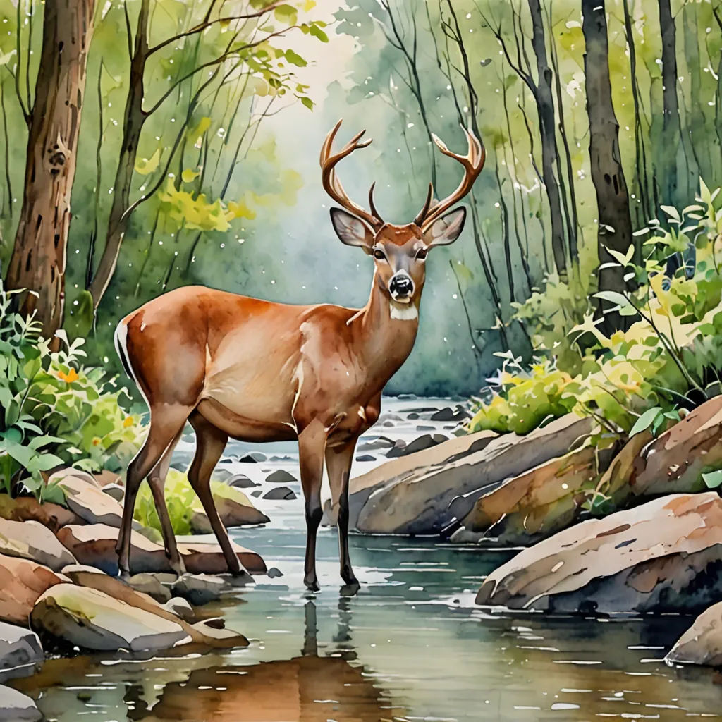 a painting of a deer standing in a stream of water in a forest with rocks and trees around it, american scene painting, a watercolor painting, Douglas Robertson Bisset, in gouache detailed paintings