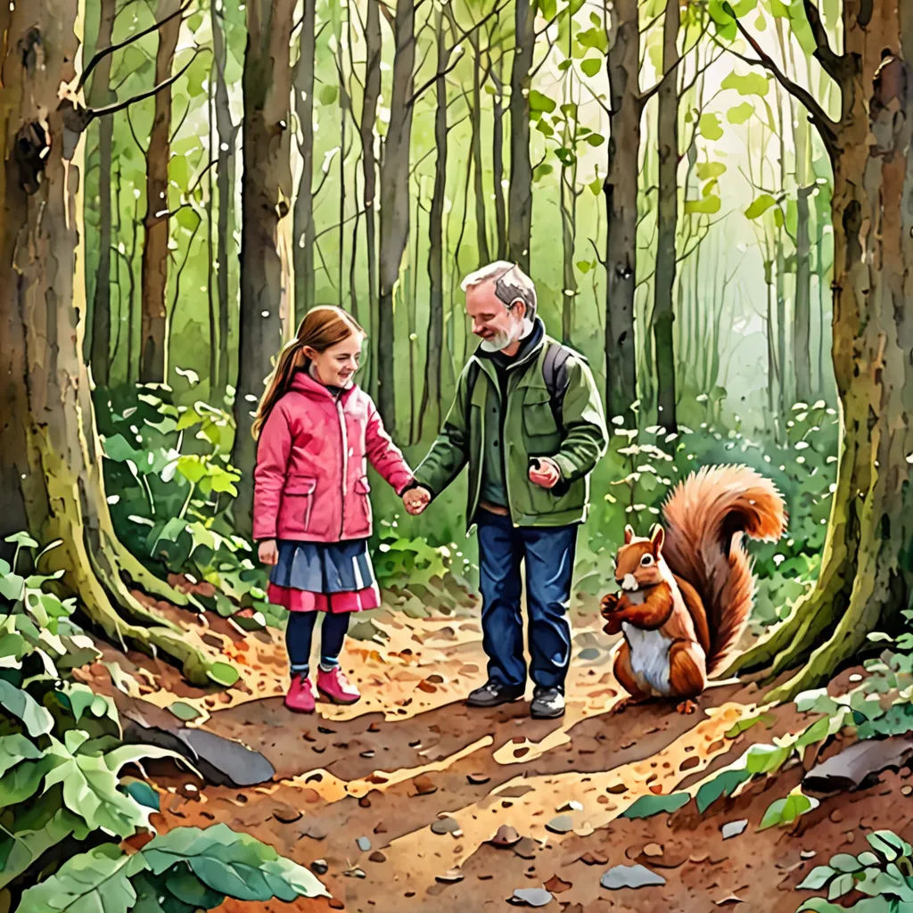 a painting of a man and a girl walking in the woods with a squirrel on a path between them, fantastic realism, a storybook illustration, David Brewster, storybook illustration