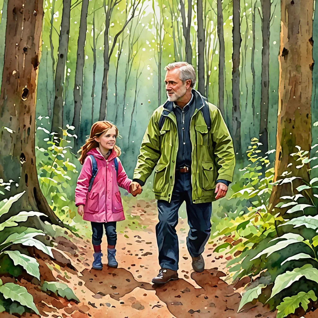 a painting of a man and a little girl walking in the woods together holding hands and walking down a path, environmental art, a storybook illustration, David Brewster, in gouache detailed paintings
