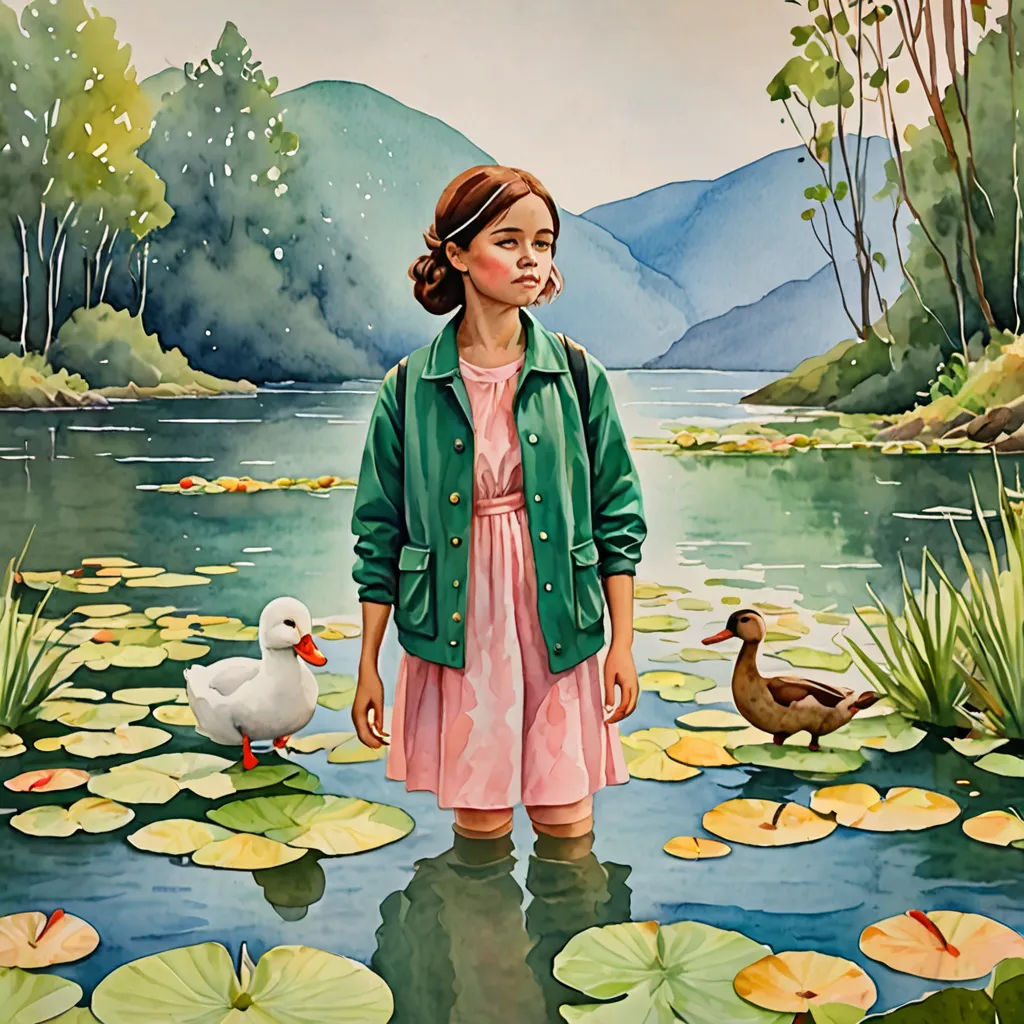 a painting of a girl standing in a pond with ducks and lily pads in front of a mountain range, figurative art, an ultrafine detailed painting, Elizabeth Forbes, in gouache detailed paintings