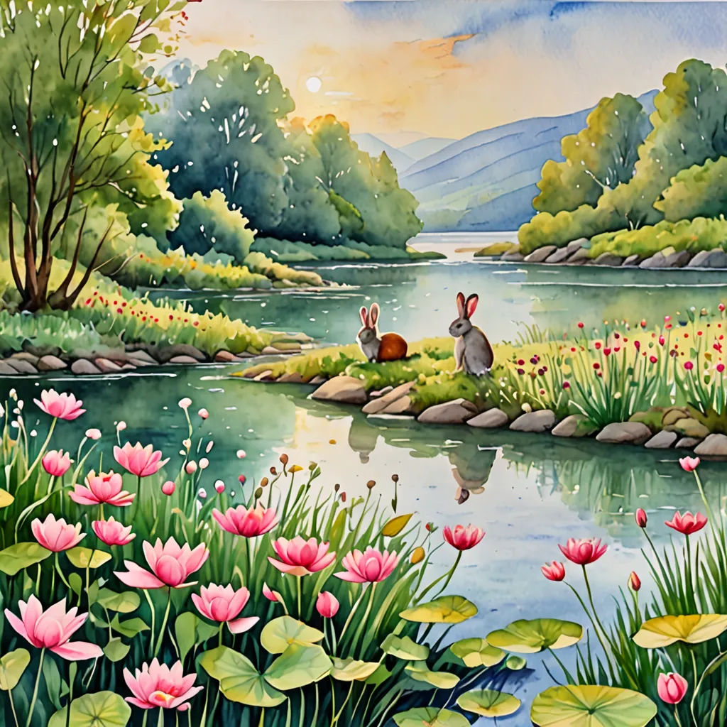 a painting of a rabbit sitting on a rock in a pond with flowers and lily pads in front of a mountain range, naive art, a storybook illustration, Beatrix Potter, storybook illustration