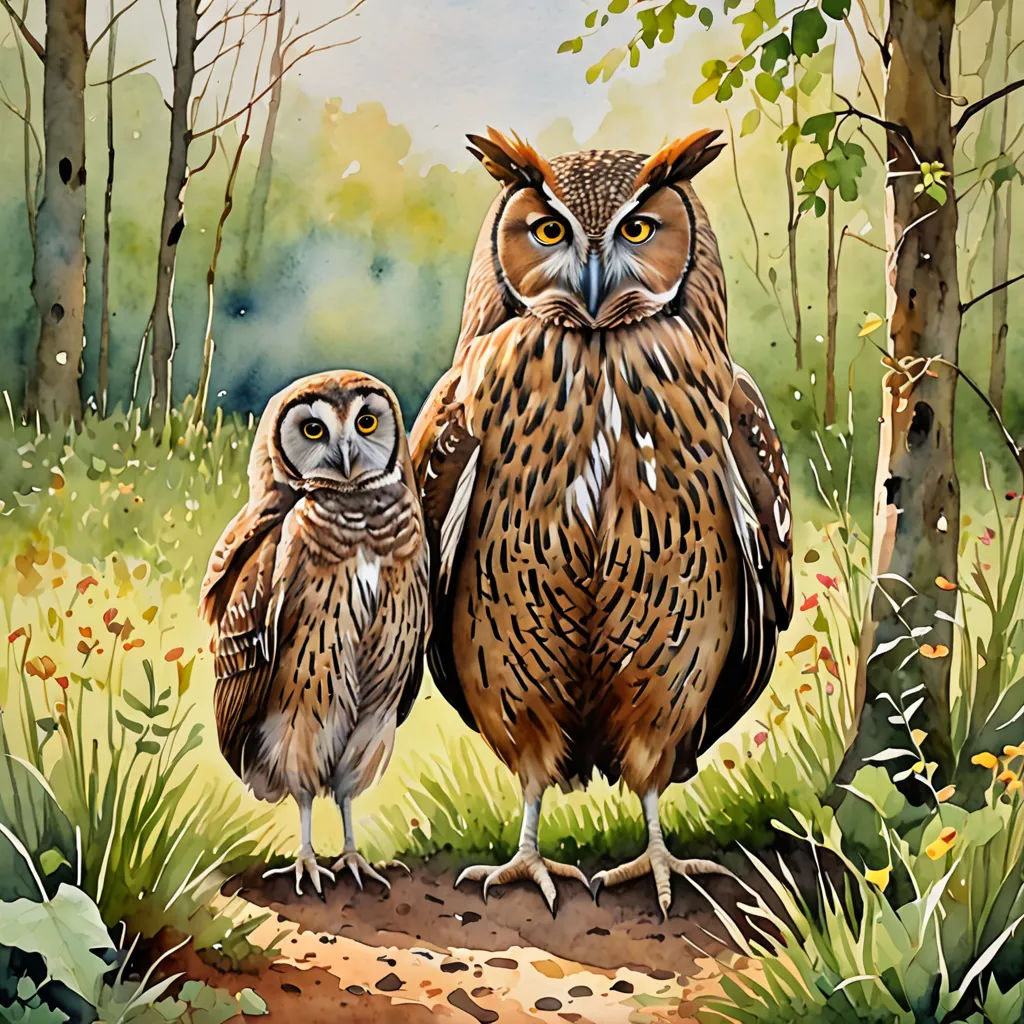 a painting of two owls standing in the woods together, one is looking at the camera and the other is looking at the camera, modern european ink painting, a storybook illustration, Bernd Fasching, in gouache detailed paintings
