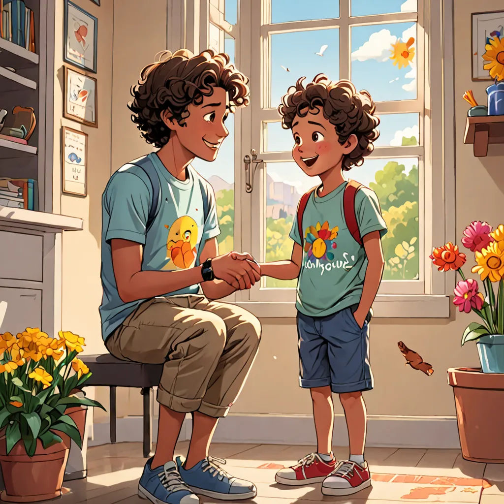 a boy and a boy are sitting in a room with flowers and a window looking out the window at the sun, Alejandro Burdisio, paris school, a storybook illustration, official art