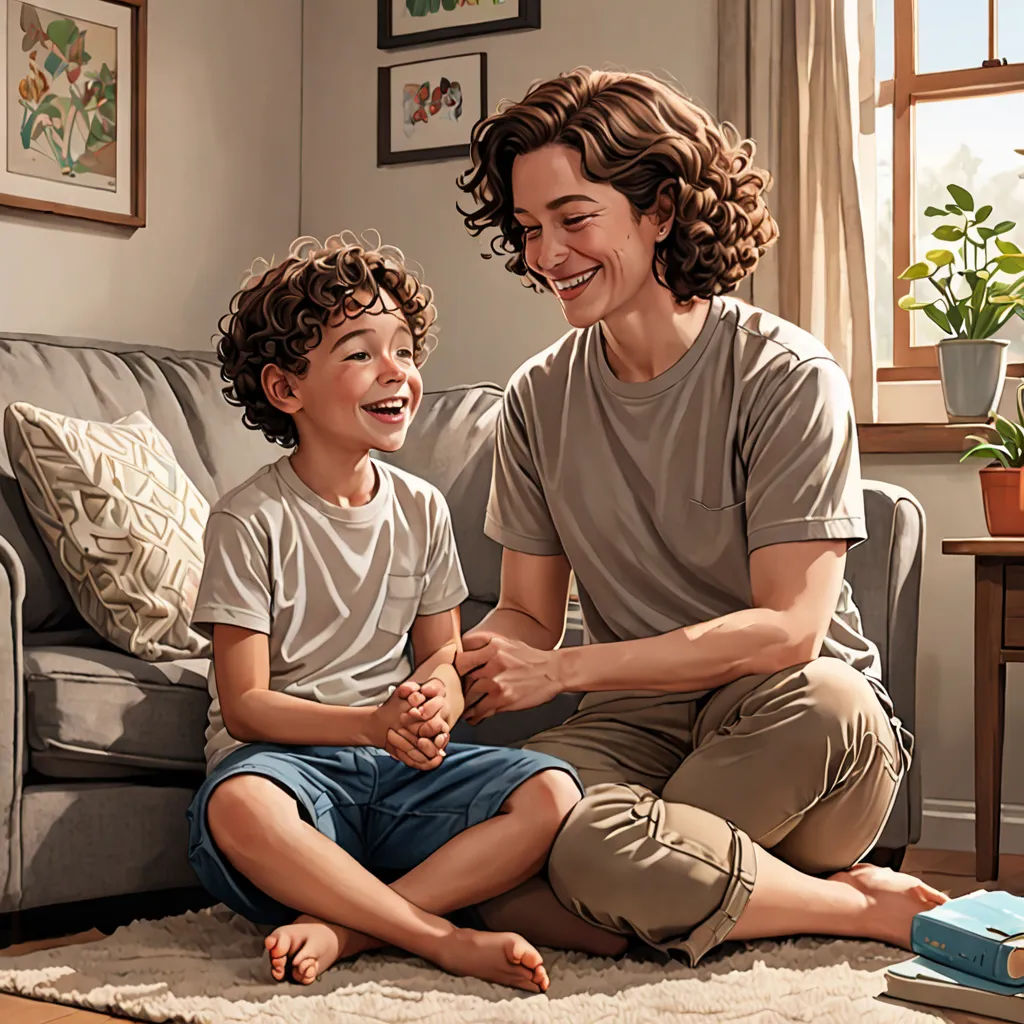 a woman and a child sitting on a couch in a living room together smiling at each other's eyes, F Scott Hess, photorealism, a storybook illustration, professional digital painting
