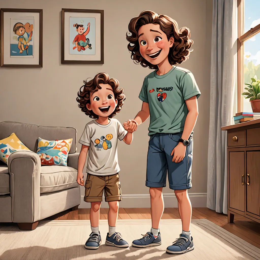 a boy and a girl holding hands in a living room with a couch and a painting on the wall, Diego Gisbert Llorens, lyco art, a storybook illustration, official art