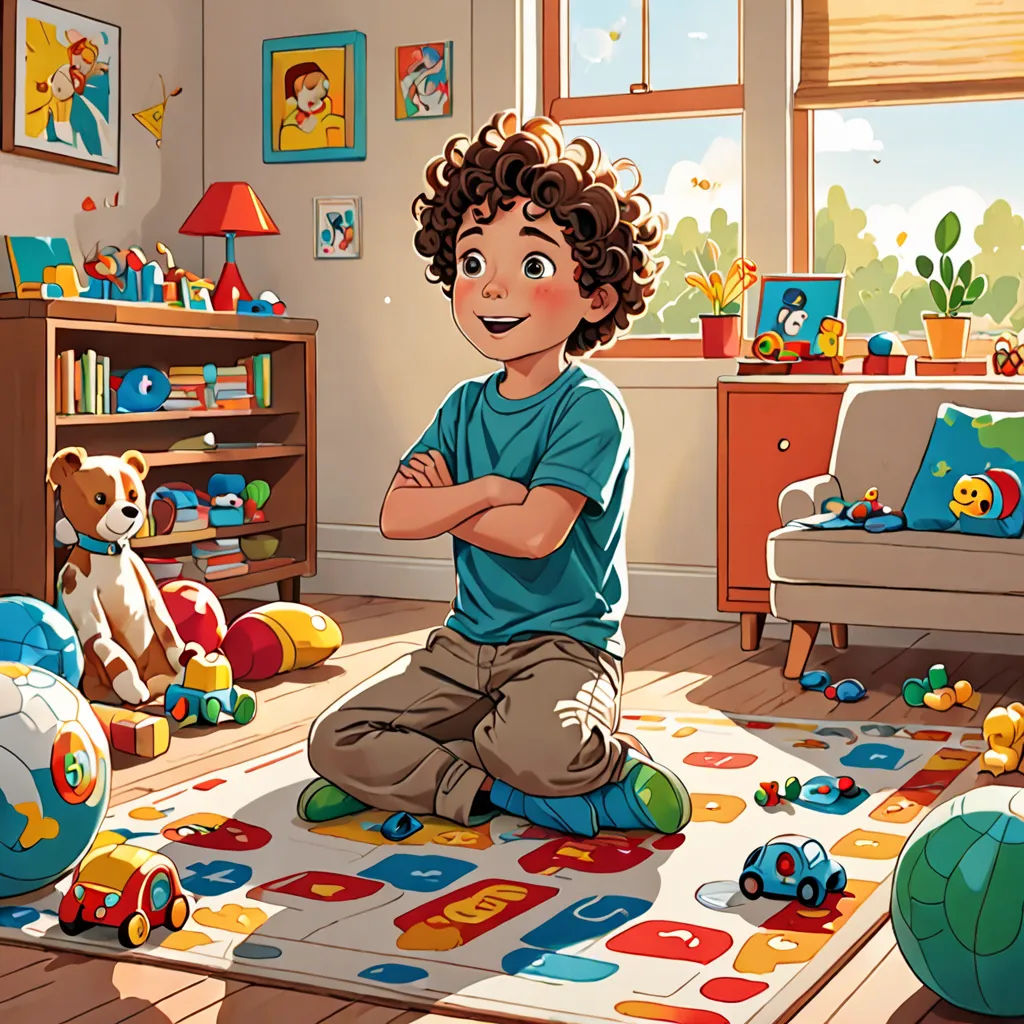 a boy sitting on a rug in a room with toys and a dog on the floor in front of him, Aaron Jasinski, american scene painting, a storybook illustration, promotional image