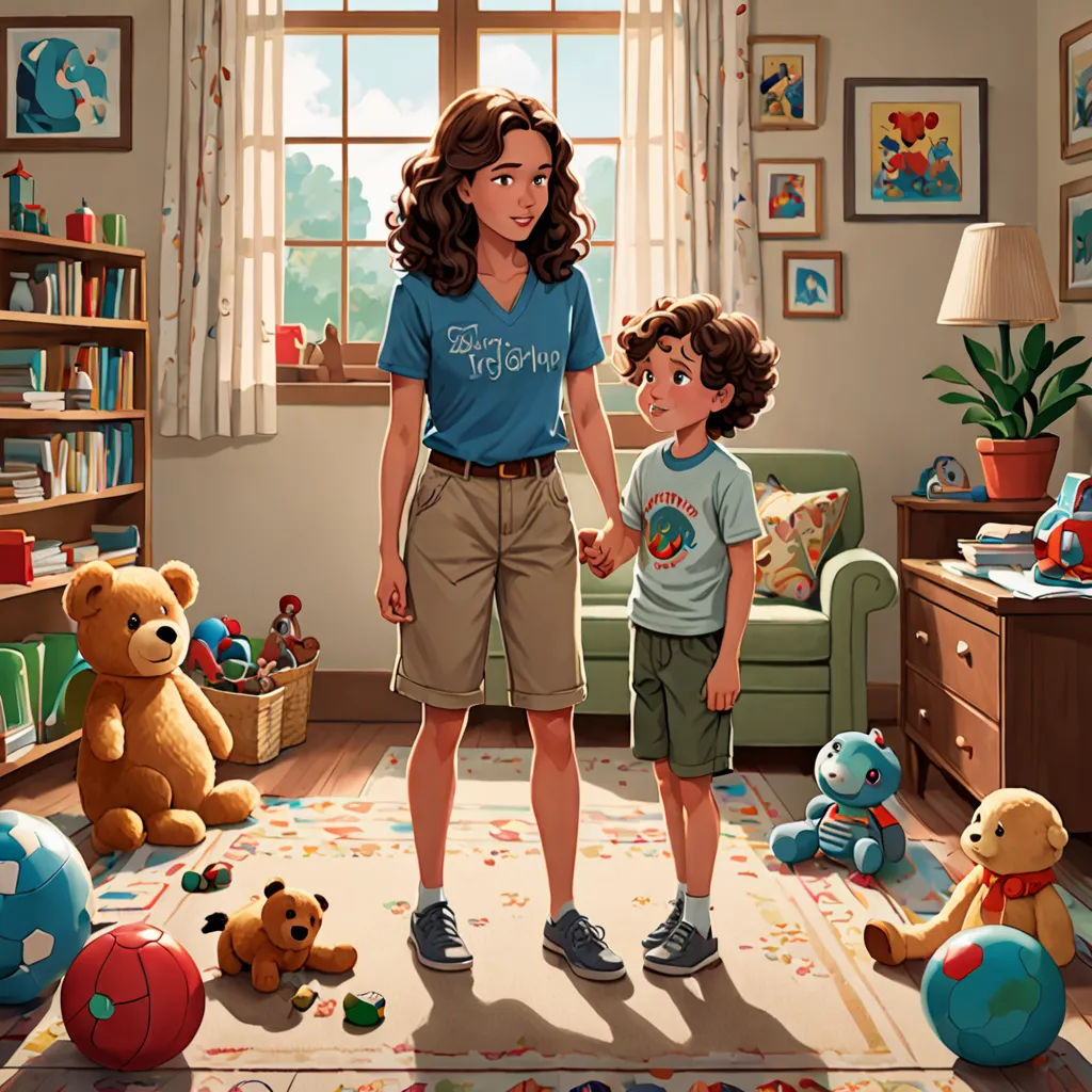 a woman and a child standing in a room with teddy bears and toys on the floor and a window, Chris LaBrooy, american scene painting, a storybook illustration, official art