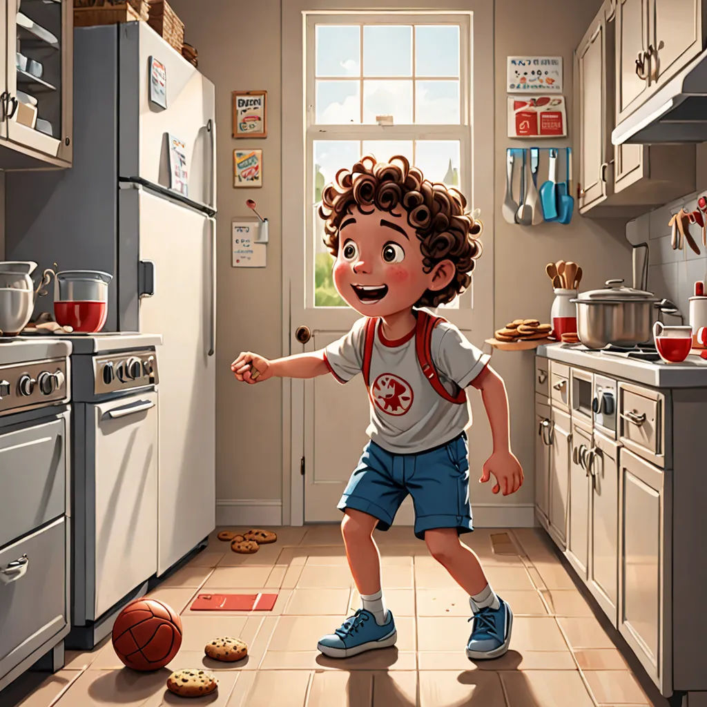 a boy in a kitchen with a basketball and cookies on the floor and a window with a view of the kitchen, Chris LaBrooy, photorealism, a storybook illustration, highly detailed digital painting