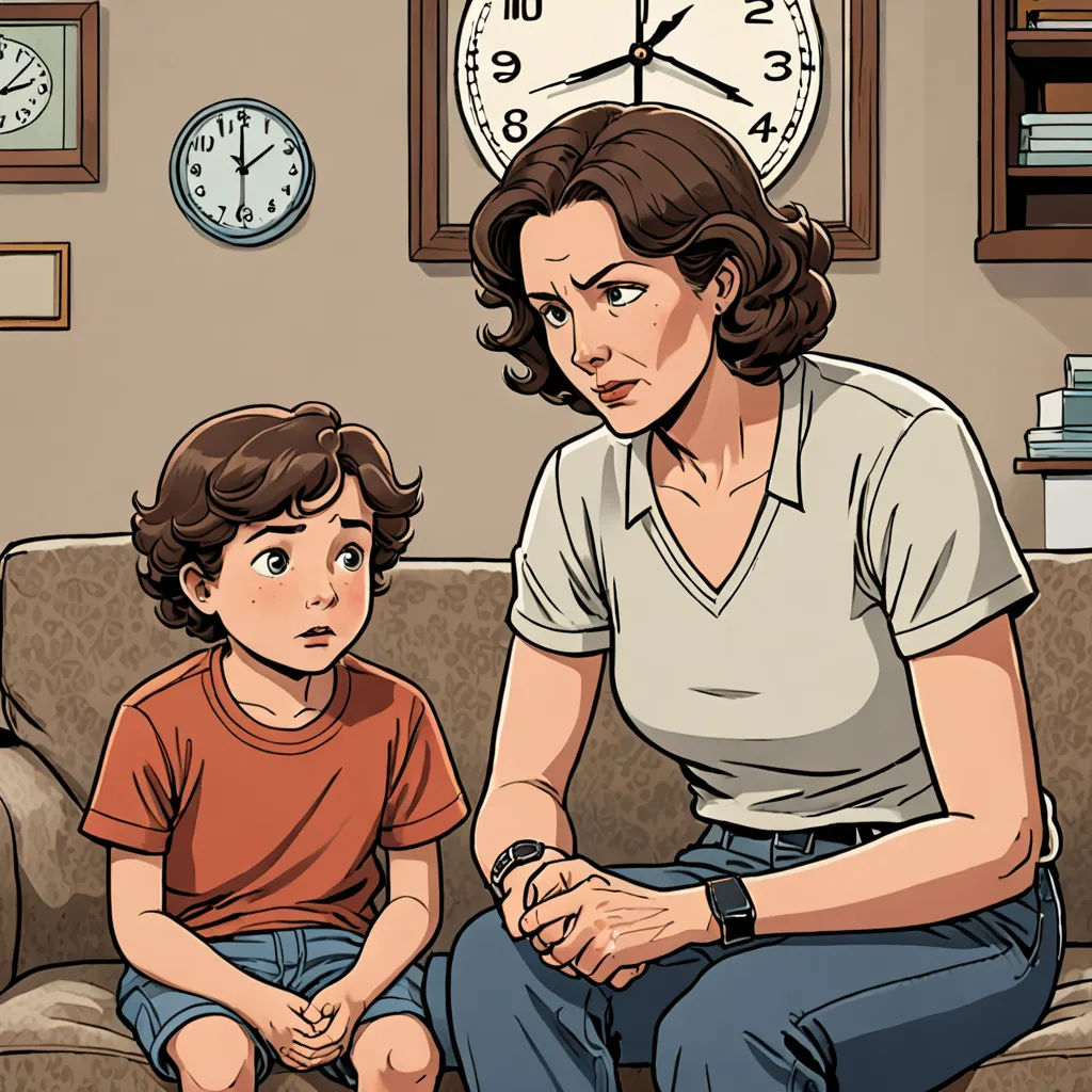 a woman sitting on a couch next to a child in front of a clock on the wall above them, Clark Voorhees, serial art, a comic book panel, graphic novel