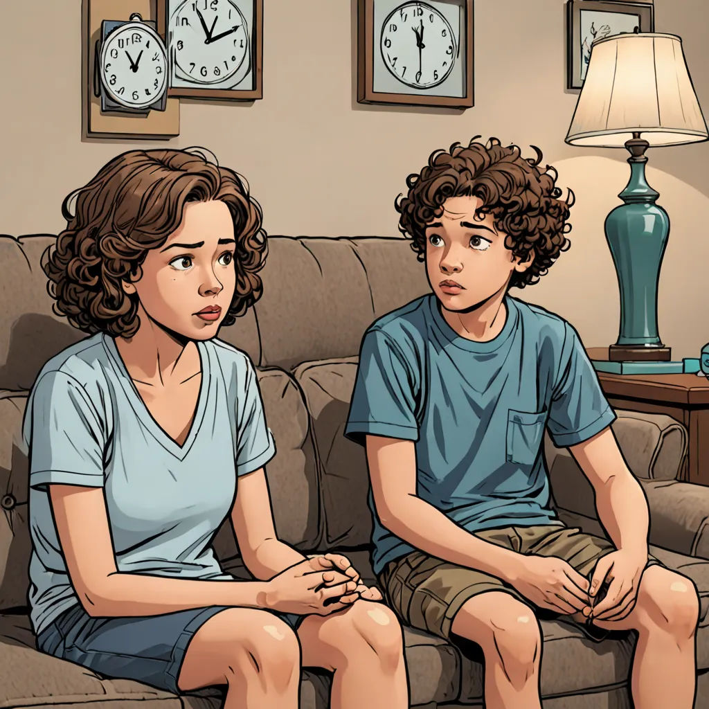 a boy and a girl sitting on a couch in front of a clock on the wall behind them is a lamp, F Scott Hess, serial art, a comic book panel, graphic novel