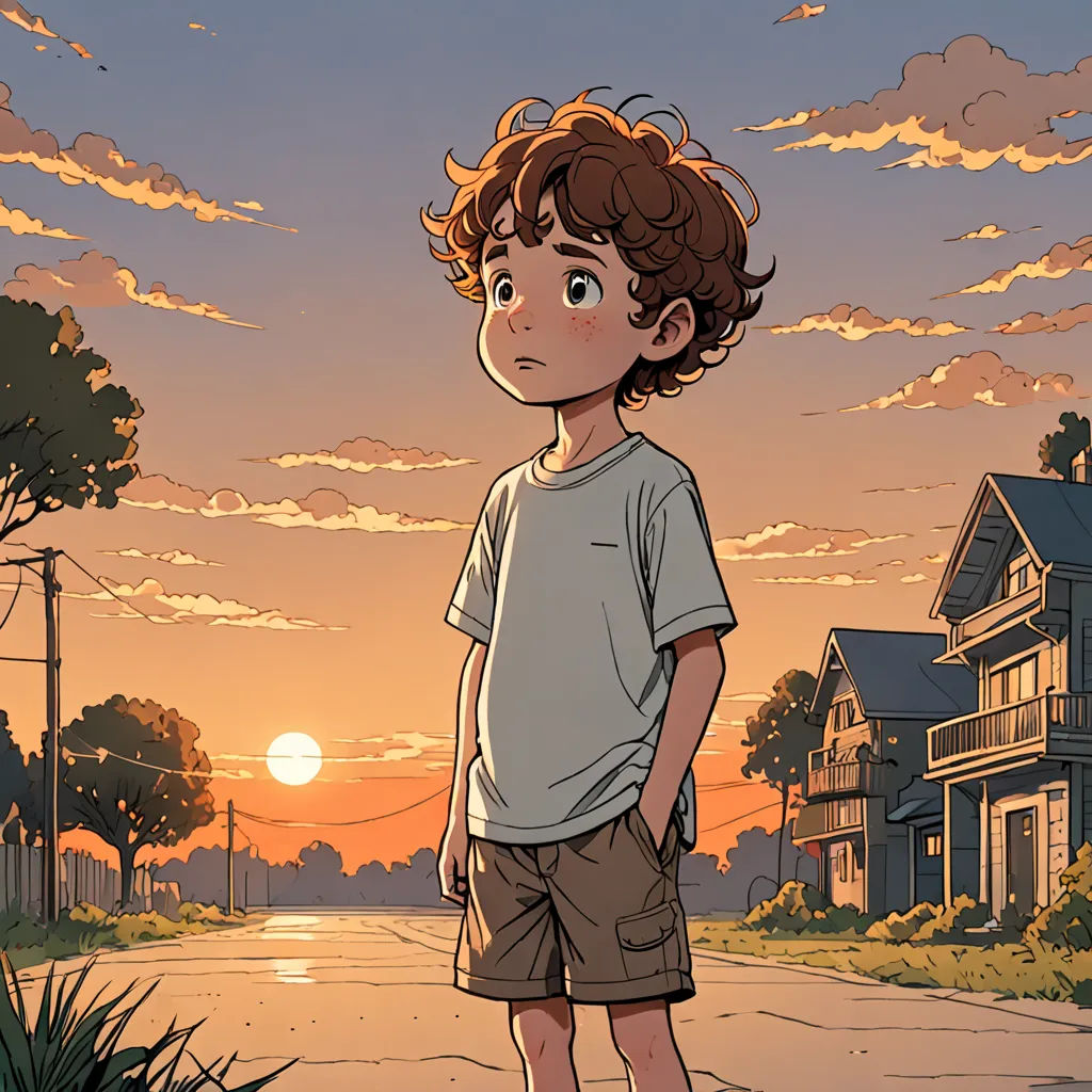 a boy standing on a sidewalk in front of a sunset with clouds in the background and a house in the foreground, Diego Gisbert Llorens, process art, a comic book panel, rossdraws global illumination