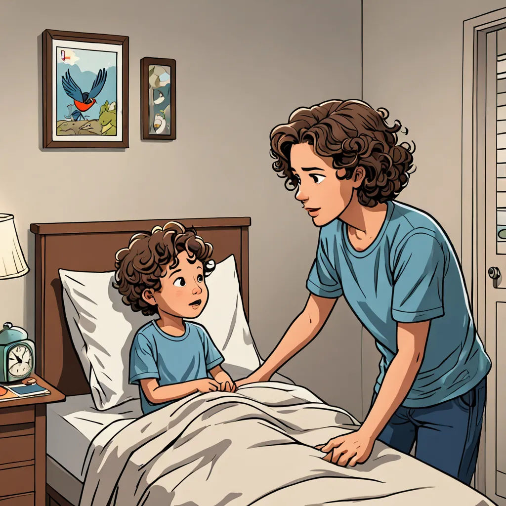a woman and a child in a bed in a room with a lamp on the nightstand and a picture on the wall, Cliff Childs, lyco art, a comic book panel, graphic novel
