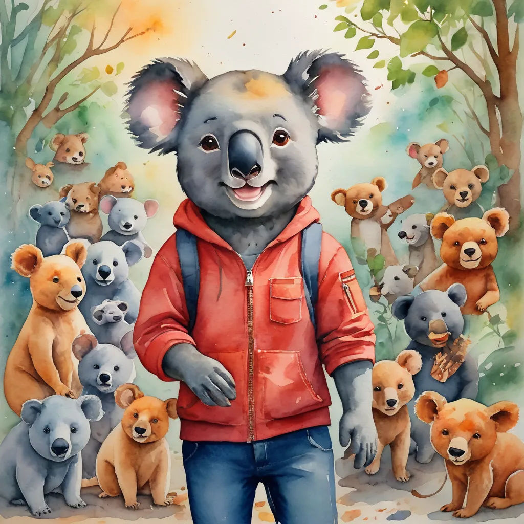 a painting of a man standing in front of a group of bears with a red jacket on and a red hoodie on, furry art, a storybook illustration, Chris LaBrooy, trending on art station