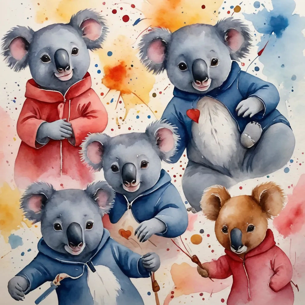 a painting of four koalas with umbrellas and hearts on them, one holding a stick and the other holding a teddy, furry art, a watercolor painting, Aloysius O'Kelly, watercolor