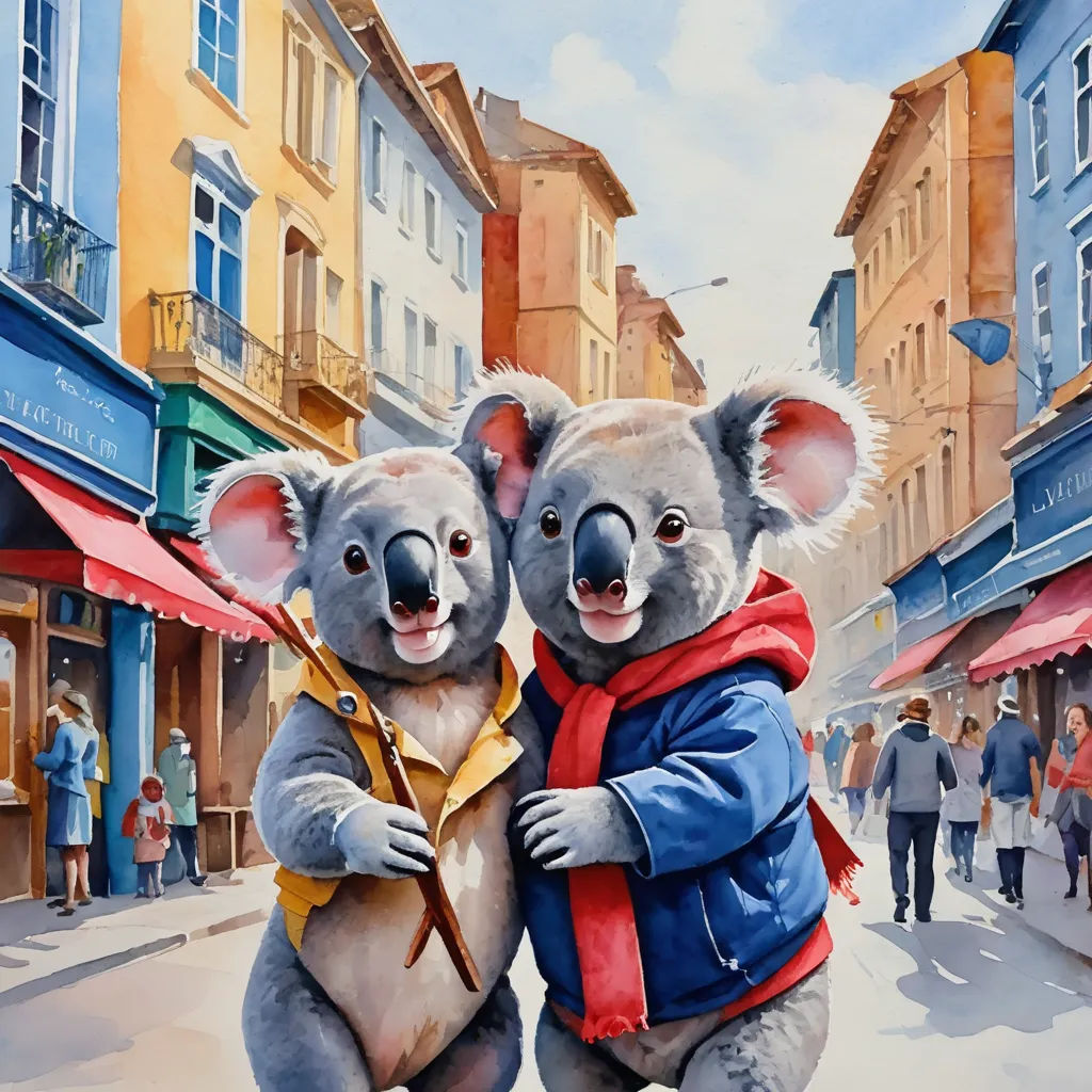 two koalas are standing on a city street holding umbrellas and smiling at the camera, with people walking by, naive art, a watercolor painting, Chris LaBrooy, in gouache detailed paintings