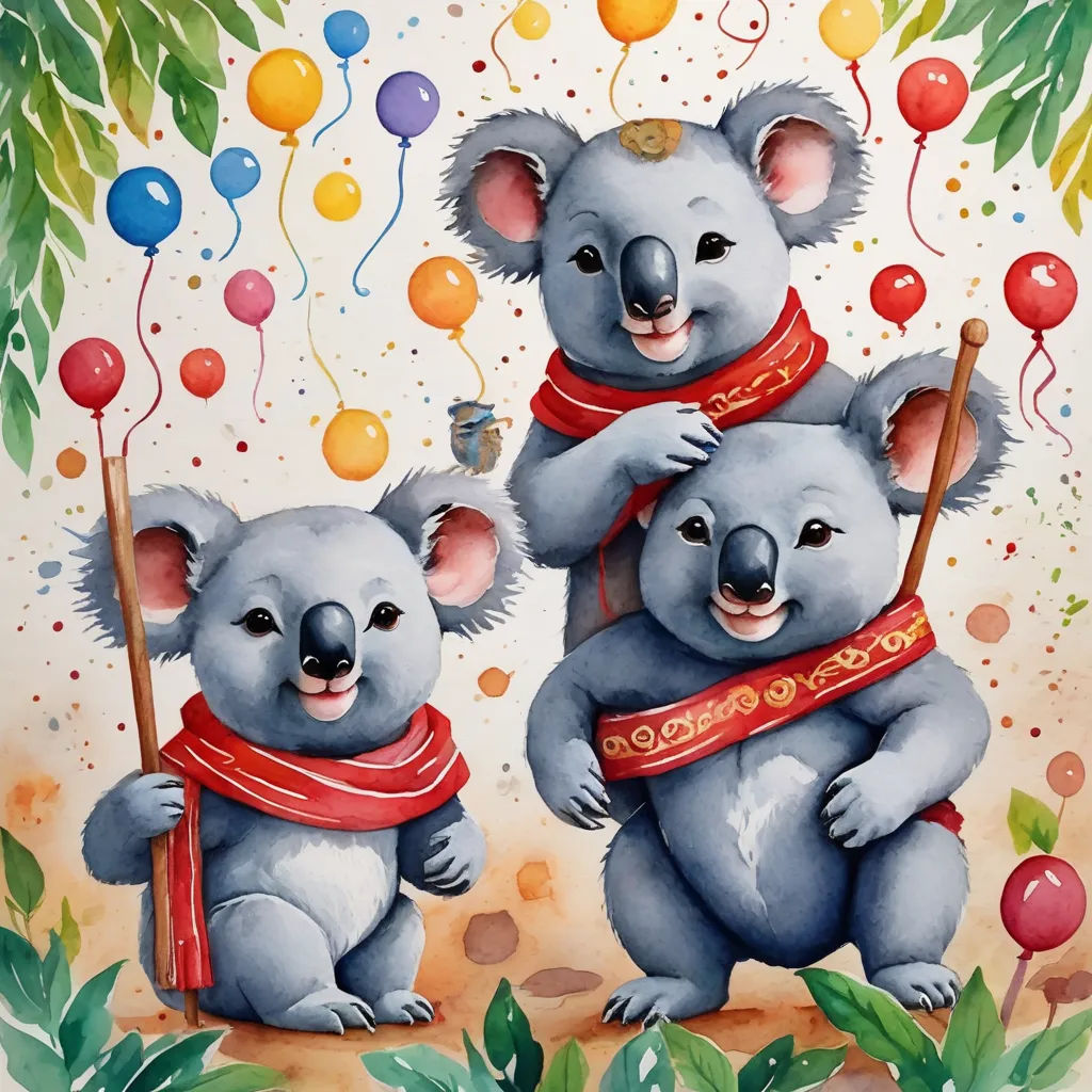 two koalas holding a stick and a flag with balloons in the background and a wreath of leaves, naive art, a watercolor painting, Alison Kinnaird, cheerful