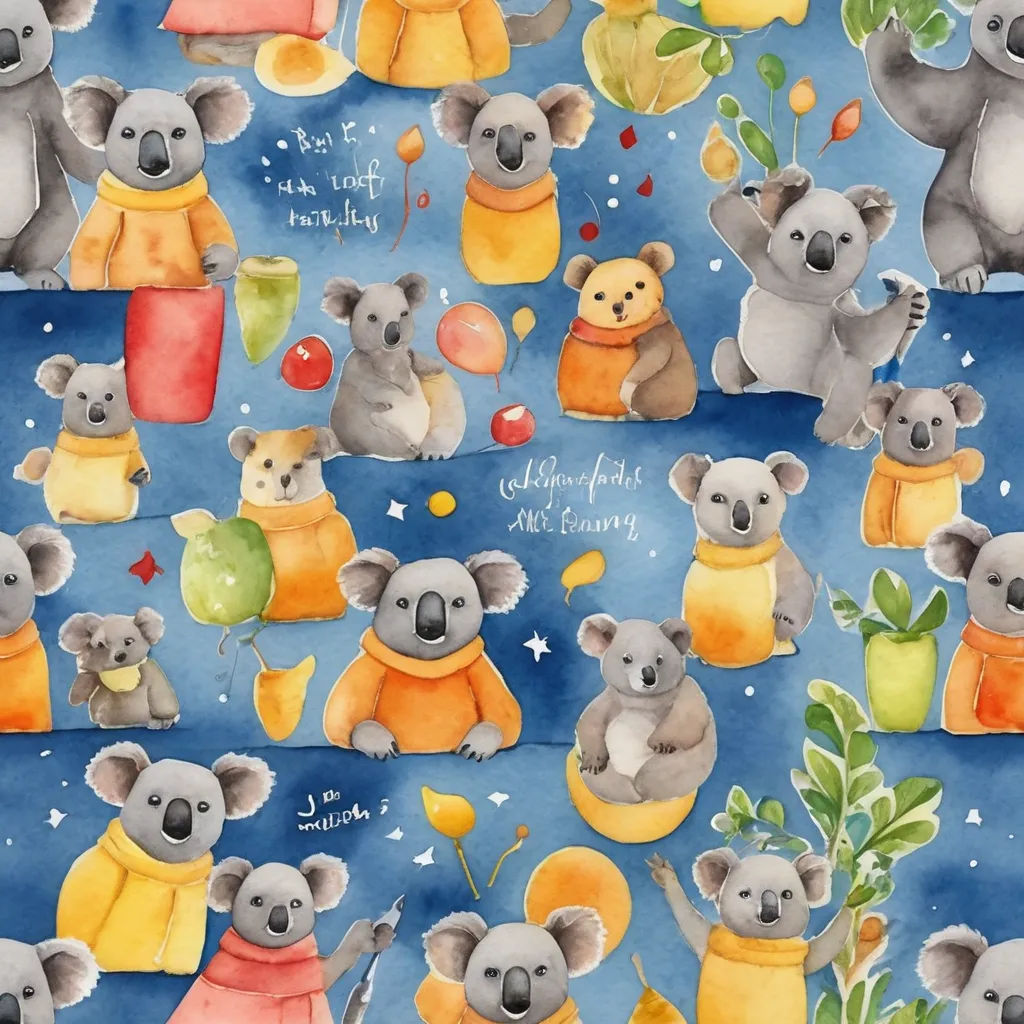 a watercolor painting of koalas and other animals in winter clothing and balloons, with a blue background, naive art, a watercolor painting, Annabel Kidston, watercolor