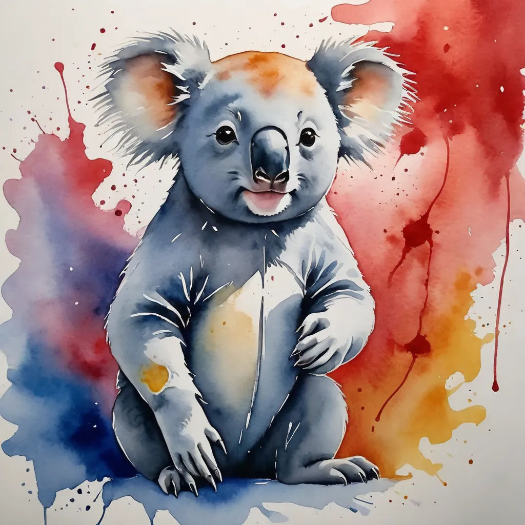 a watercolor painting of a koala sitting on the ground with its legs crossed and eyes closed, with a red, yellow, blue, and orange background, modern european ink painting, a watercolor painting, Aloysius O'Kelly, watercolor
