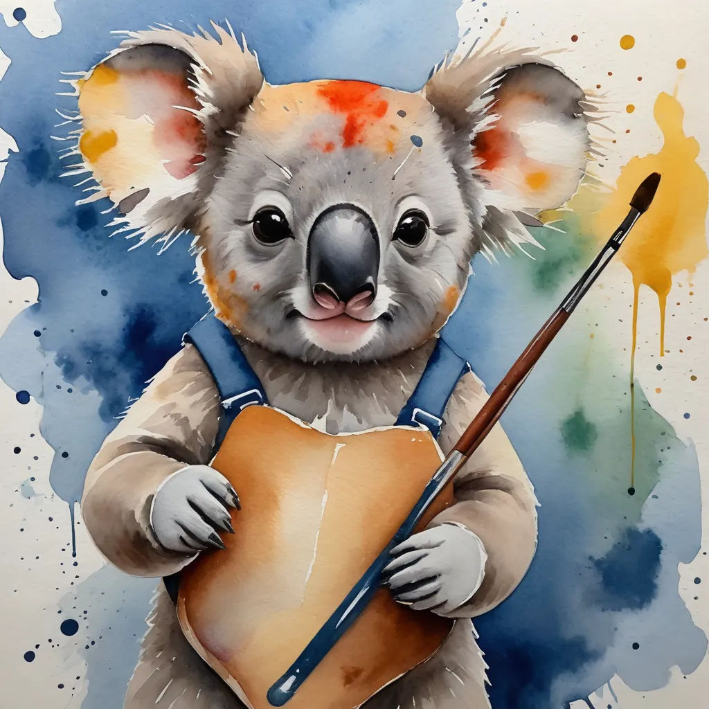 a painting of a koala holding a paintbrush and a sign with a watercolor stain on it, action painting, a watercolor painting, Aloysius O'Kelly, watercolor
