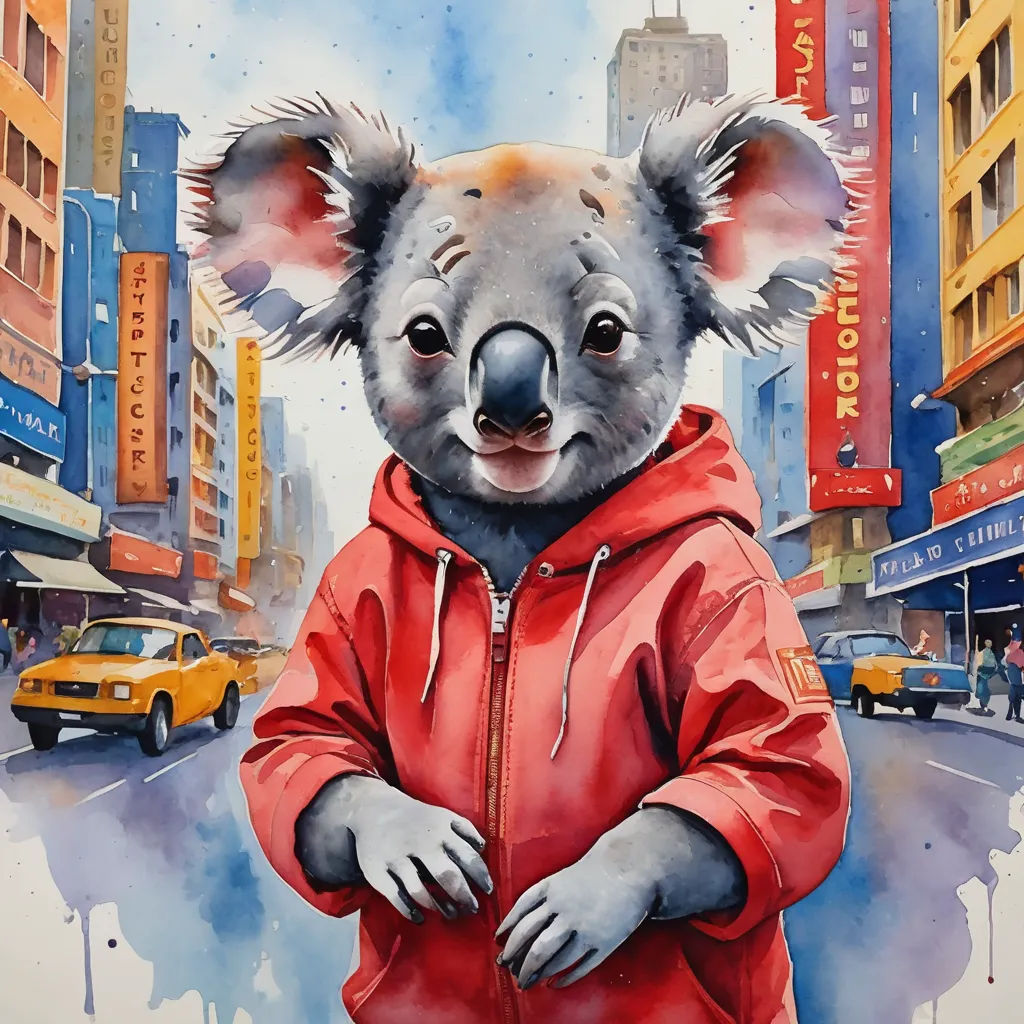a painting of a koala wearing a red jacket and standing in the street with a yellow taxi behind it, figurative art, a watercolor painting, Chris LaBrooy, in gouache detailed paintings