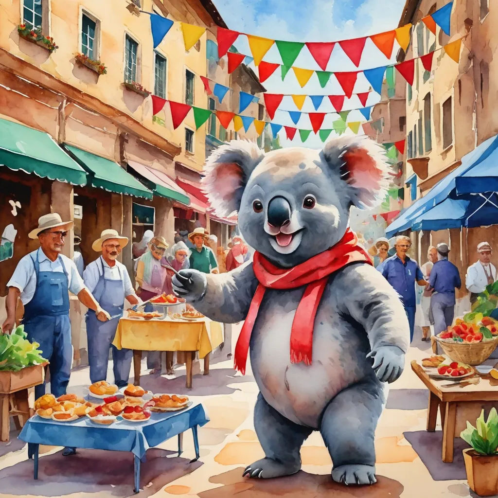 a painting of a koala bear in a red scarf standing in front of a market with people looking on, fantastic realism, a storybook illustration, Aloysius O'Kelly, official art