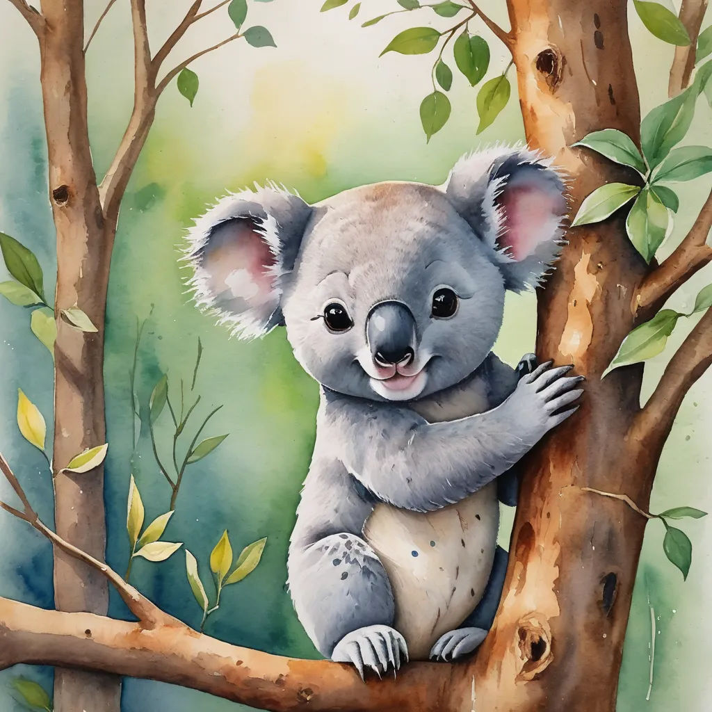 a painting of a koala sitting on a tree branch with leaves around it's neck and eyes, figurative art, a watercolor painting, Aloysius O'Kelly, watercolor