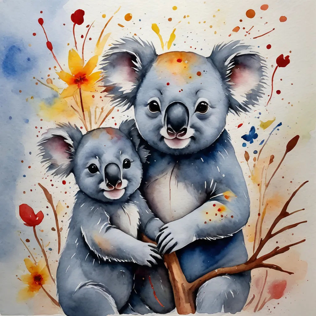 a painting of two koalas hugging each other on a tree branch with flowers and leaves around them, modern european ink painting, a watercolor painting, Aloysius O'Kelly, watercolor