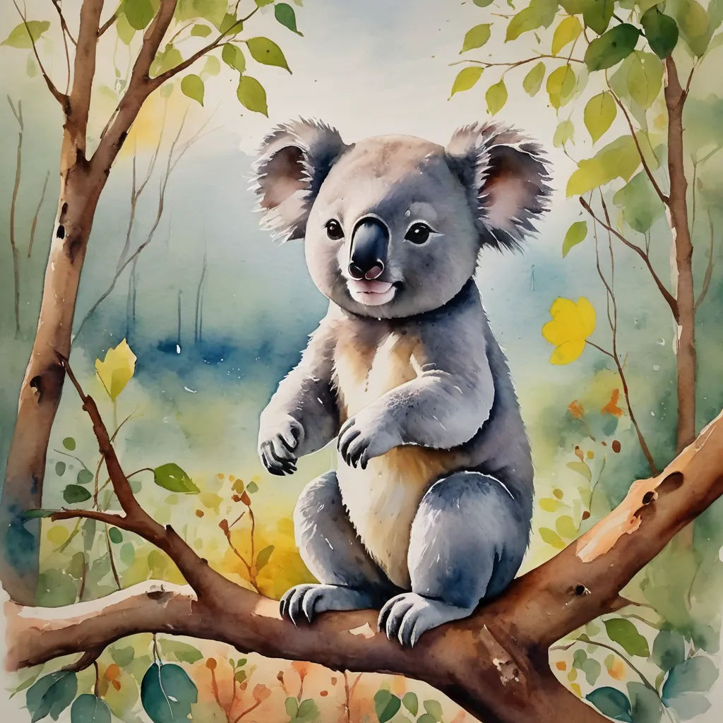 a painting of a koala sitting on a tree branch with leaves around it and a sky background with clouds, australian tonalism, a watercolor painting, Aloysius O'Kelly, watercolor