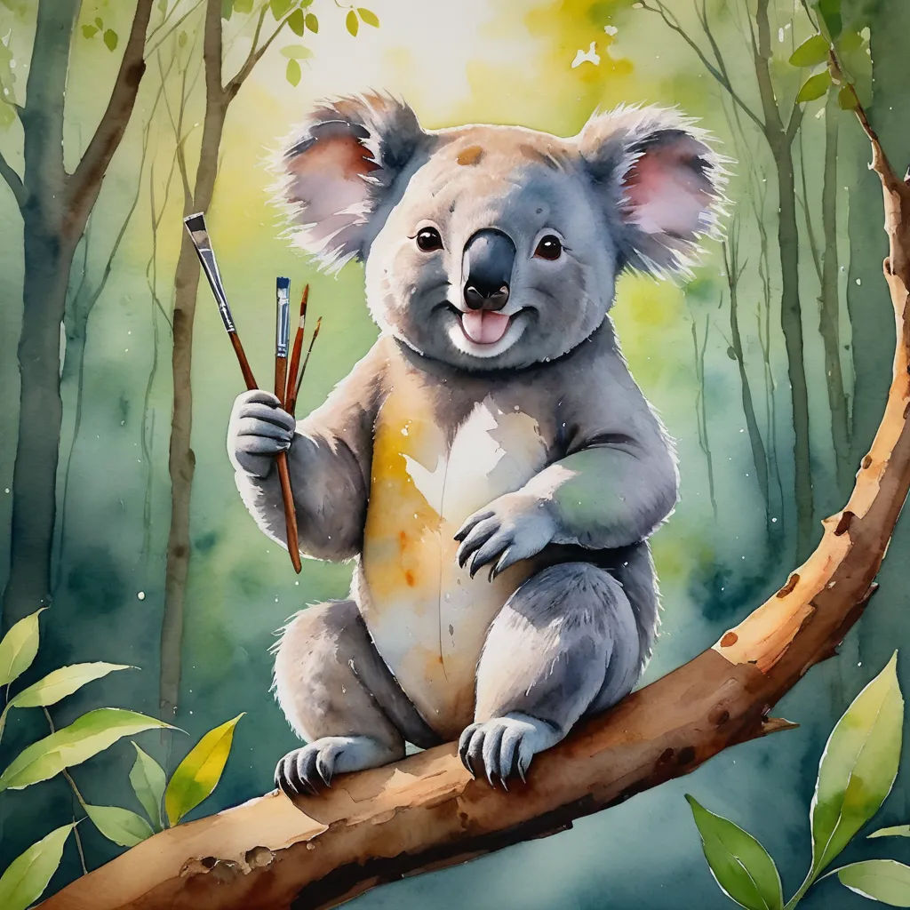 a painting of a koala holding a paintbrush and a paintbrush in its hand while sitting on a tree branch, furry art, a watercolor painting, Chris LaBrooy, watercolor