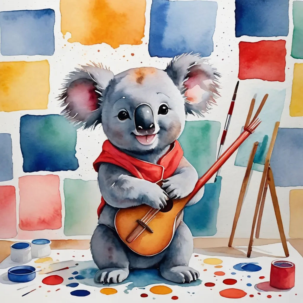 a painting of a koala holding a guitar and a paintbrush on a table with paintbrushes, naive art, a watercolor painting, Aloysius O'Kelly, watercolor
