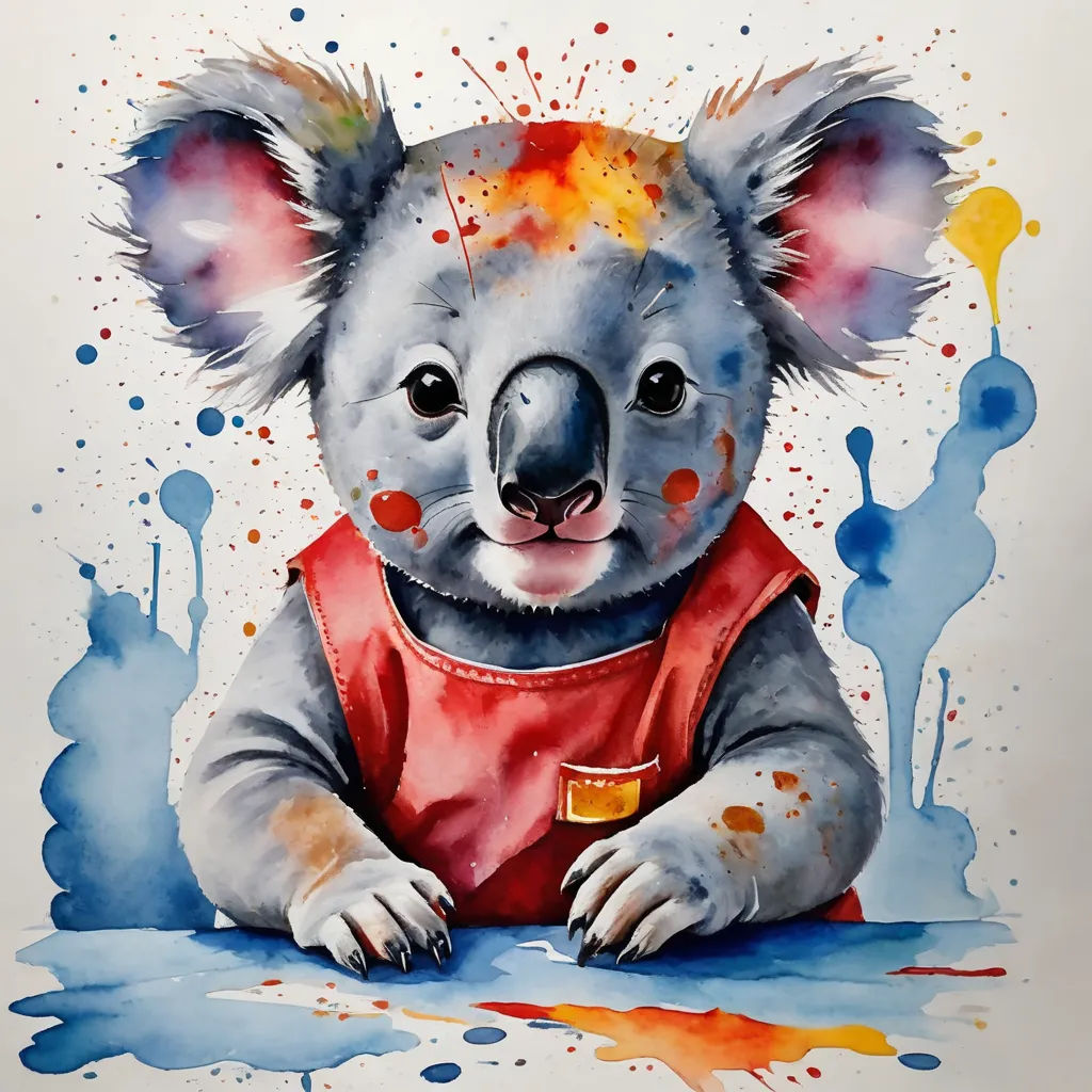 a painting of a koala wearing a red shirt and orange vest with watercolor splashes on it, action painting, a watercolor painting, Aloysius O'Kelly, watercolor