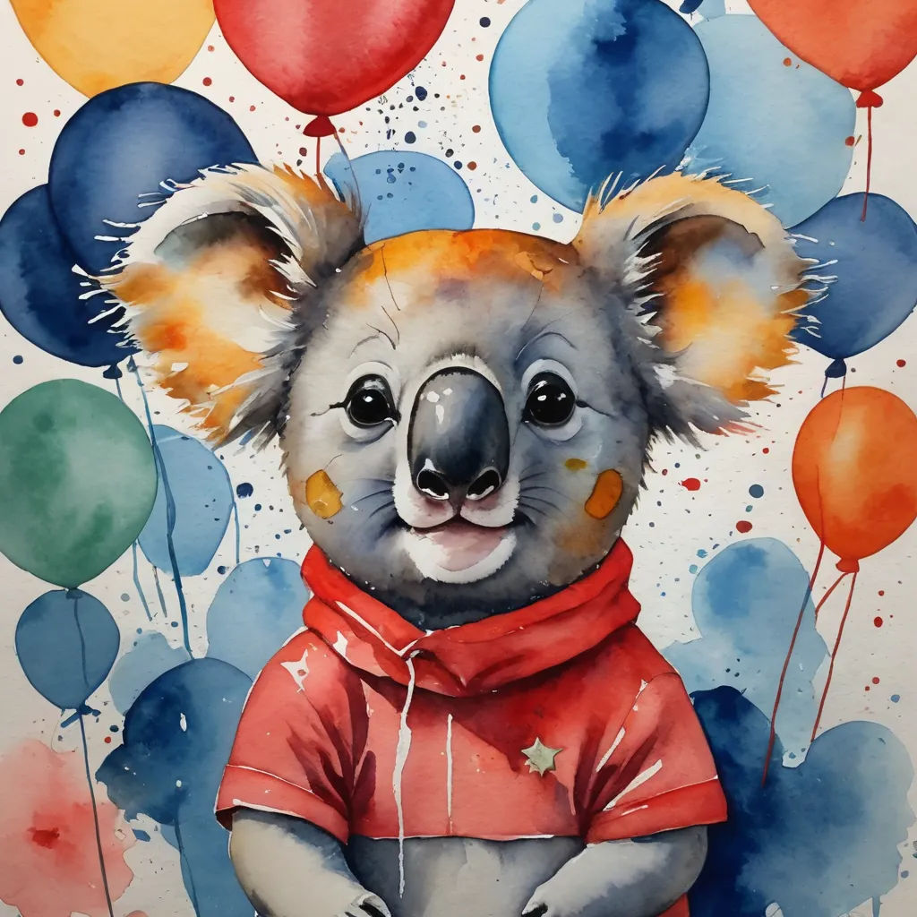 a painting of a koala wearing a red shirt and holding a red balloon with a bunch of balloons behind it, furry art, a watercolor painting, Aloysius O'Kelly, watercolor