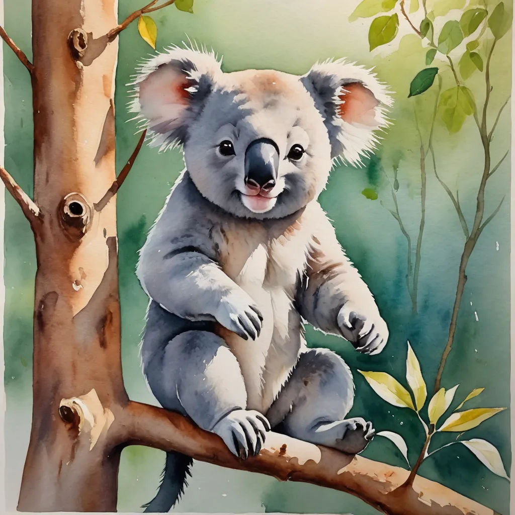 a painting of a koala sitting on a tree branch with leaves on it's branches and a green background, modern european ink painting, a watercolor painting, Aloysius O'Kelly, watercolor