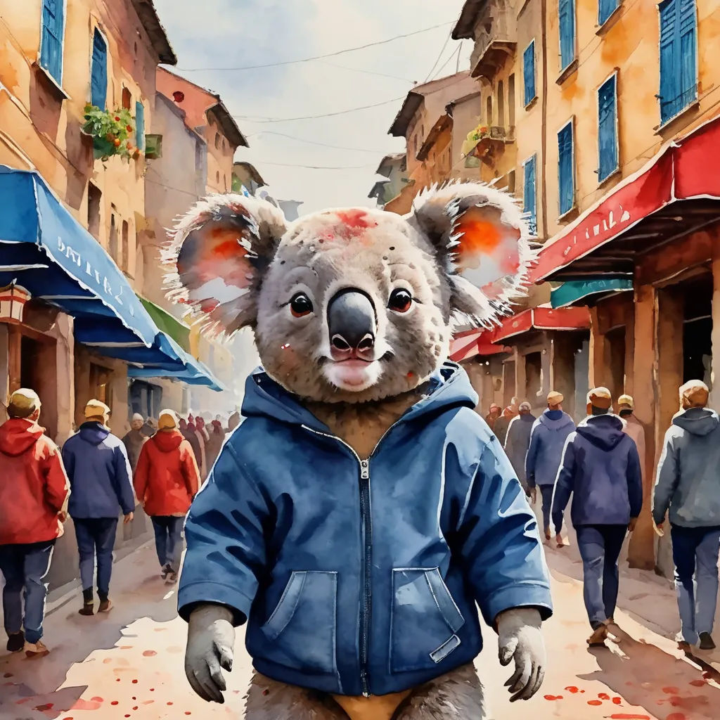 a painting of a koala bear wearing a blue jacket and a yellow pants and a red nose and a crowd of people walking down a street, furry art, a watercolor painting, Chris LaBrooy, in gouache detailed paintings