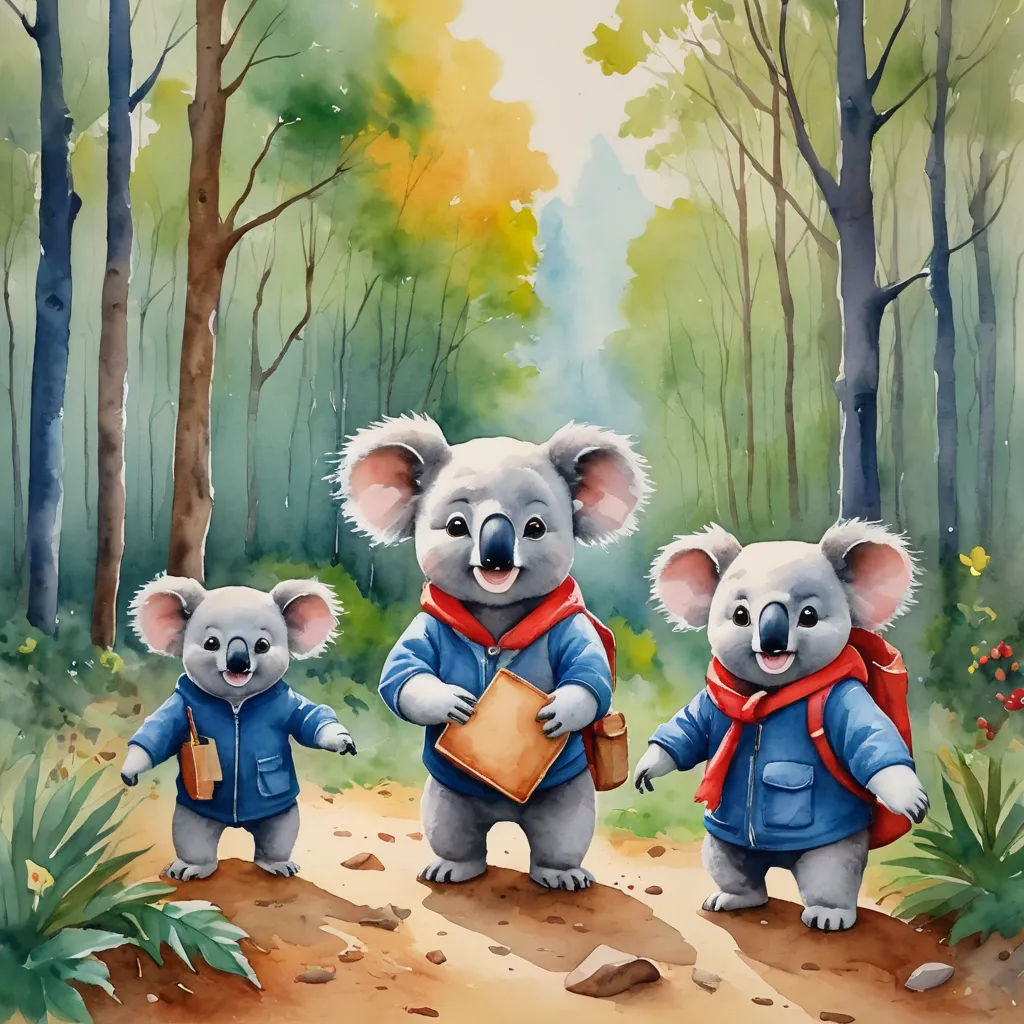 three koalas are walking in the woods together with a book in their hands and a backpack on their back, naive art, a storybook illustration, Aloysius O'Kelly, key art