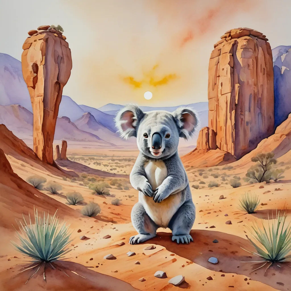 a painting of a koala sitting on a rock in the desert with a sunset in the background and mountains in the background, american scene painting, an airbrush painting, David A Hardy, professional digital painting