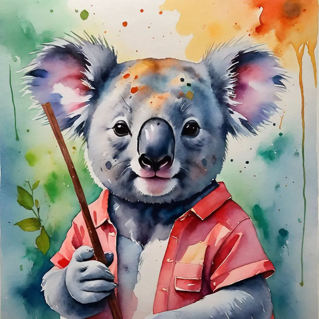 a painting of a koala holding a stick and wearing a red shirt and orange shirt with a green leaf on it, action painting, a watercolor painting, Aloysius O'Kelly, watercolor