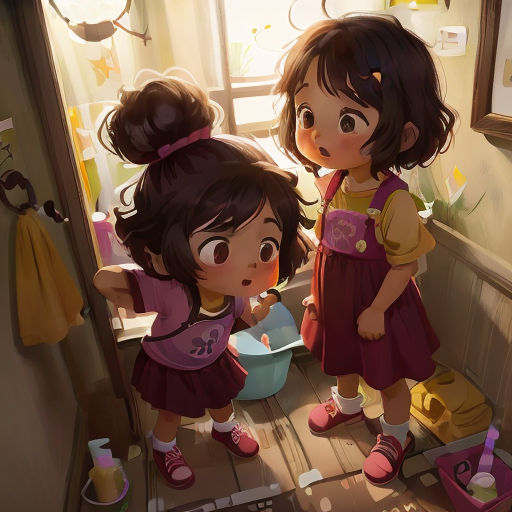 two little girls standing in a bathroom next to a sink and a window with a cat on it and a bowl in front of them