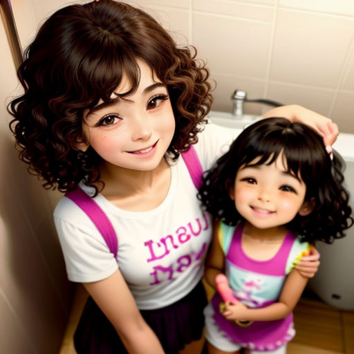 a woman and a little girl standing in a bathroom together, one of them is brushing her hair and the other is smiling
