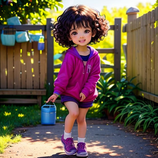 a little girl in a purple jacket holding a blue bucket and standing on a sidewalk near a fence and a wooden fence