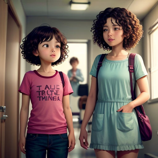 a young girl and a young girl are standing in a hallway together, with a woman in the background