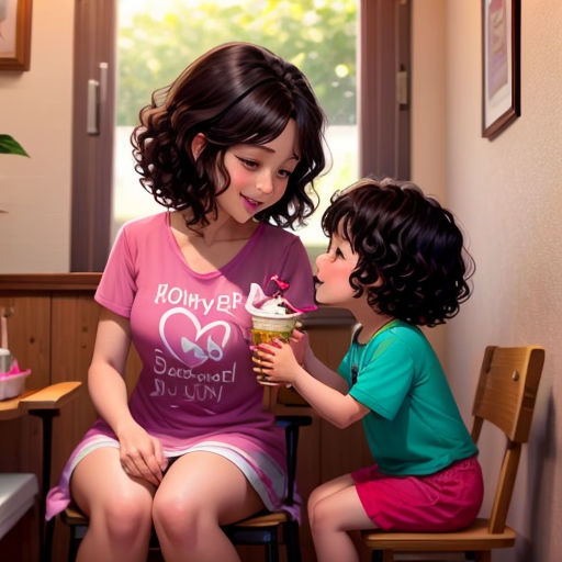 a painting of two girls eating ice cream together in a cafe, one of them is holding a cupcake