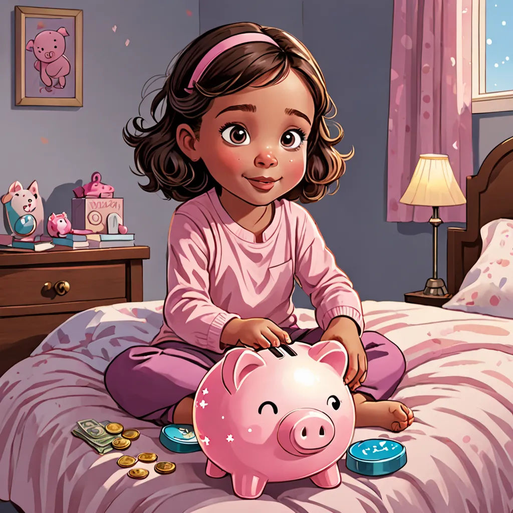 a little girl sitting on a bed with a piggy bank in her hand and a teddy bear on the bed, american scene painting, a storybook illustration, Aaron Jasinski, storybook illustration
